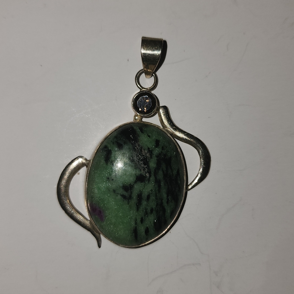 Sterling Silver Green Ruby Zoisite Oval Pendant - image 2